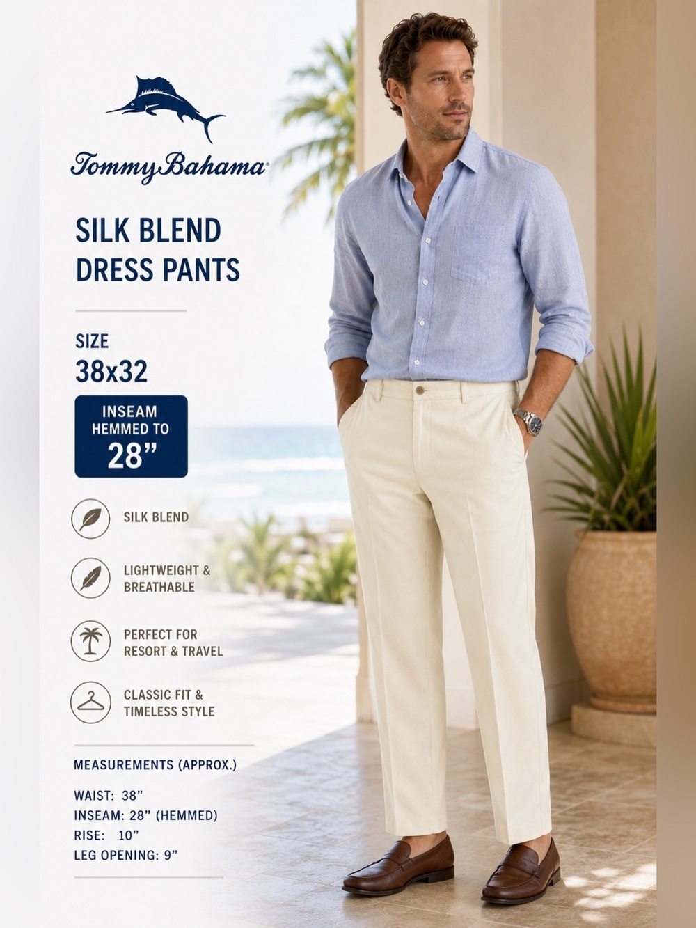 Tommy Bahama Silk Blend Dress Pants 38x32 Ivory Straight Stretch Luxury